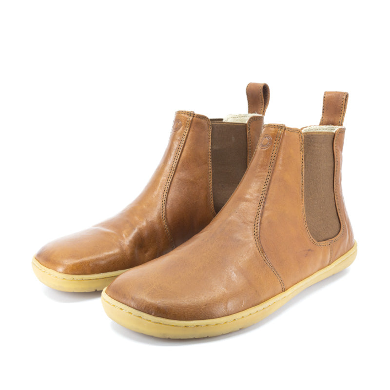 Pair of Mukishoes Chelsea Boots - Caramel, angled view showing outer side and front.