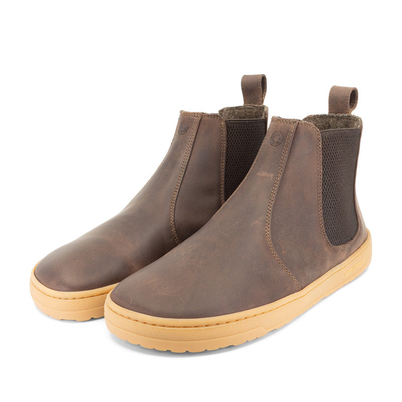 Pair of Mukishoes Chelsea Nova Boots - Chestnut, angled view showing outer side and front.