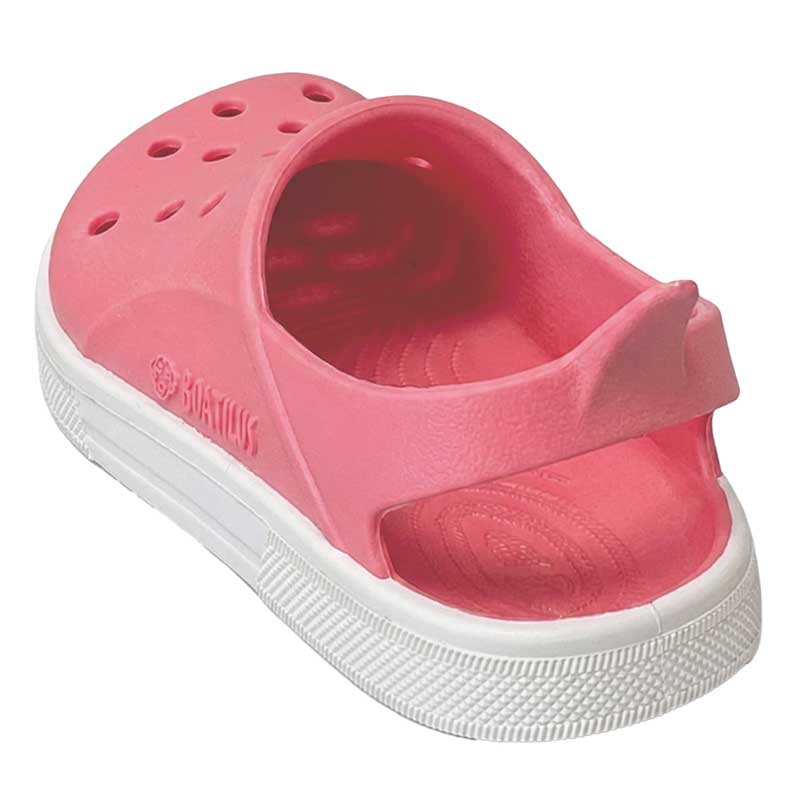 Boatilus Cloggy Sandal - Fuxia White, anlged view showing outer side and rear.