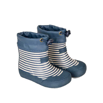 Pair of Bundgaard Toddler Wellies Cover - Navy Stripe, angled view showing outer side and front.