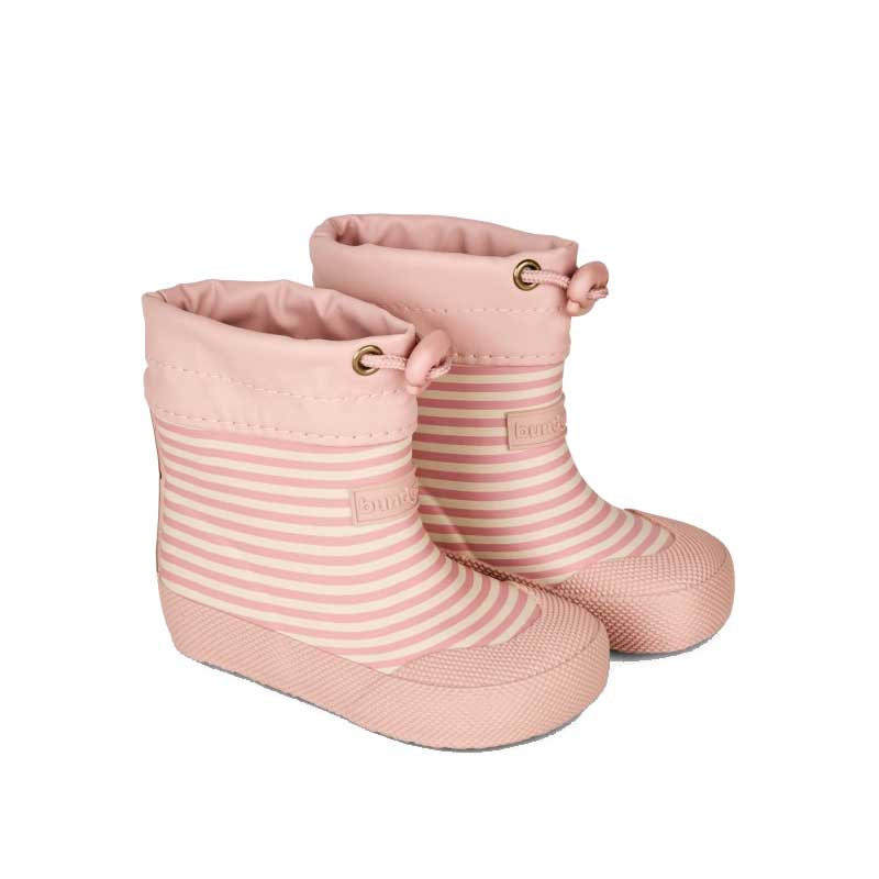 Pair of Bundgaard Toddler Wellies Cover - Rose Stripe, angled view showing outer side and front.