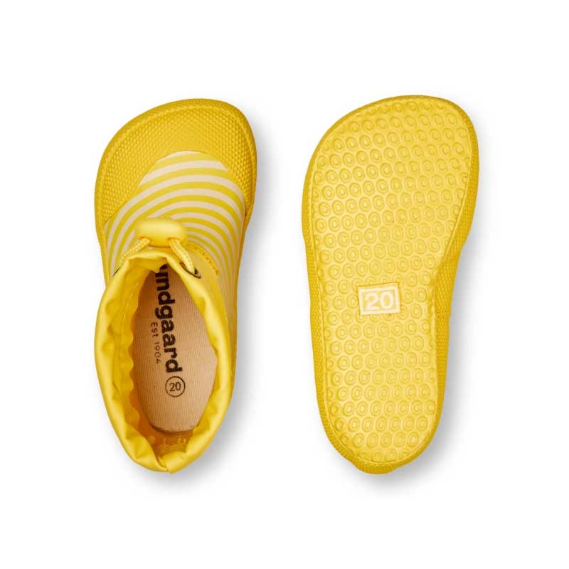 Pair of Bundgaard Toddler Wellies Cover - Sunflower Stripe, one showing the top view and the other showing the bottom view.