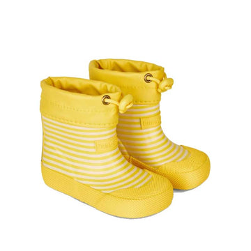 Pair of Bundgaard Toddler Welly Cover - Sunflower Stripe, angled view showing outer side and front.