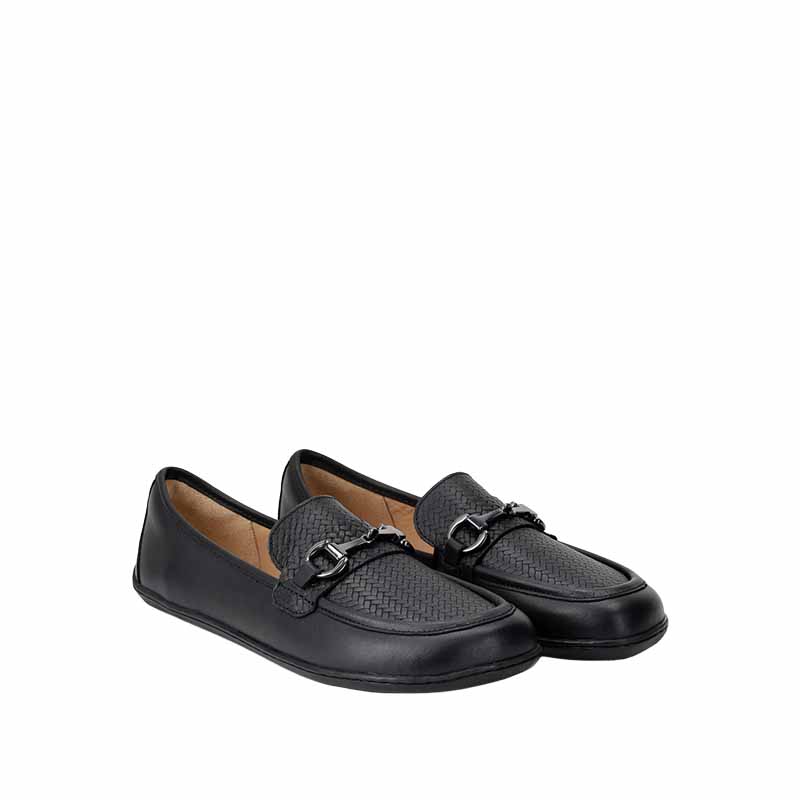 Pair of Be Lenka Women's Divella Moccasins - Black and Gunmetal, angled view showing outer side and front.