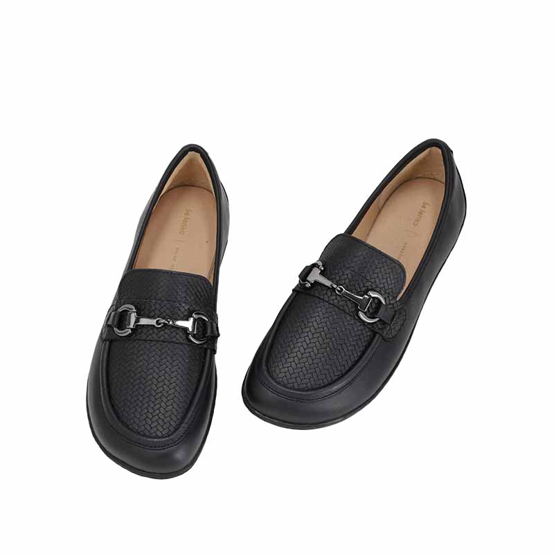 Pair of Be Lenka Women's Divella Moccasins - Black and Gunmetal, angled view showing top and outer side.