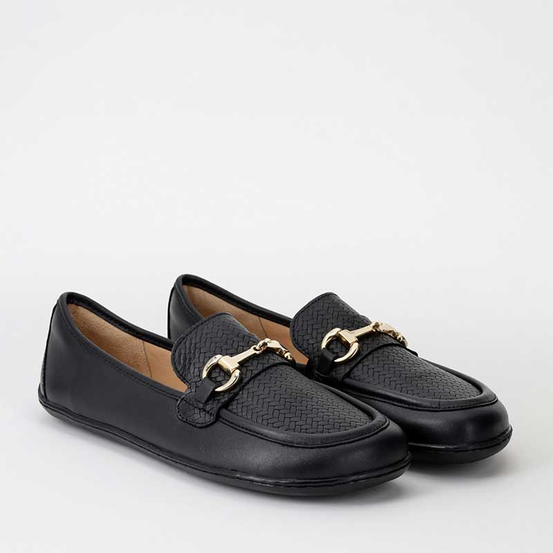 Pair of Be Lenka Women's Moccasins Divella - Black and Gold, angled view showing the outer side and front.