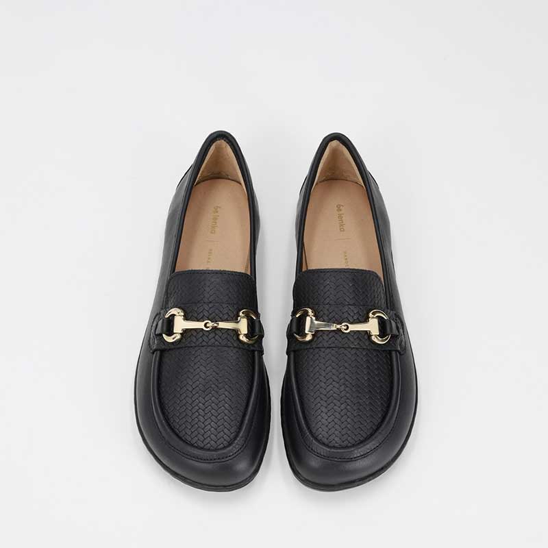 Pair of Be Lenka Women's Moccasins Divella - Black and Gold, top view.