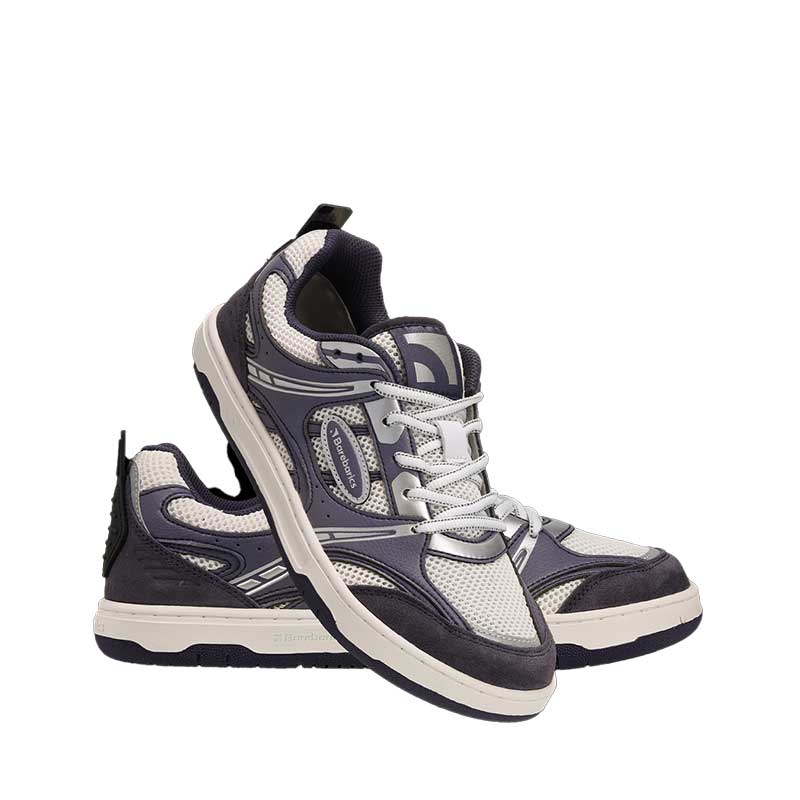 Pair of Be Lenka Adults Barebarics Trainers Dropsta - Blue and Silver, one leant against the other. One showing the outer side and front view and the other slightly showing the inner side view.