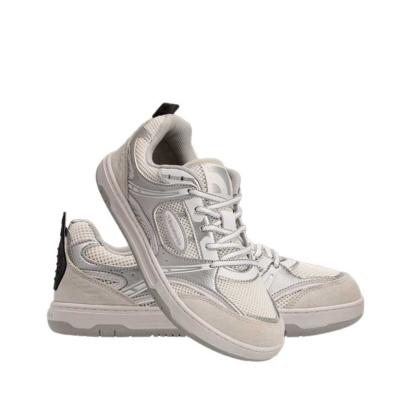 Pair of Be Lenka Adults Barebarics Trainers Dropsta - White and Silver, one leant against the other. One showing the outer side and front view and the other slightly showing the inner side view.