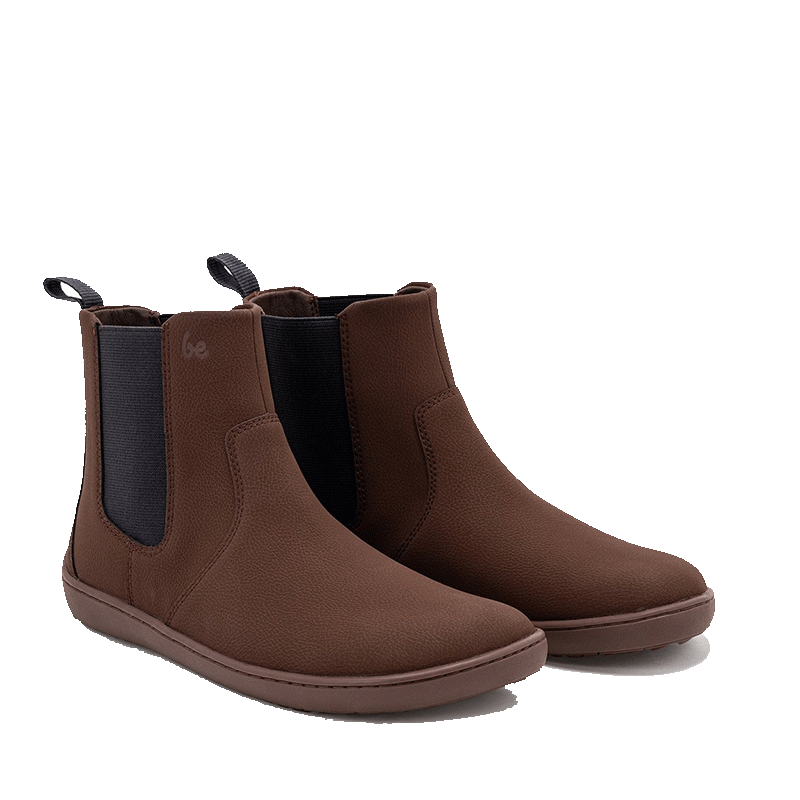 Pair of Be Lenka Adults Boots Entice 3.0 Vegan - Brown, angled view showing outer side and front.