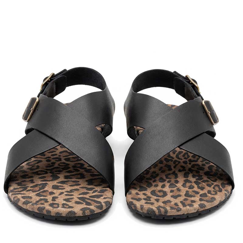 Pair of Mukishoes Sandals Ericeira - Black Leo, front view.