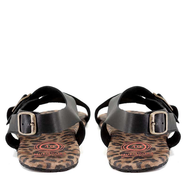 Pair of Mukishoes Sandals Ericeira - Black Leo, rear view.