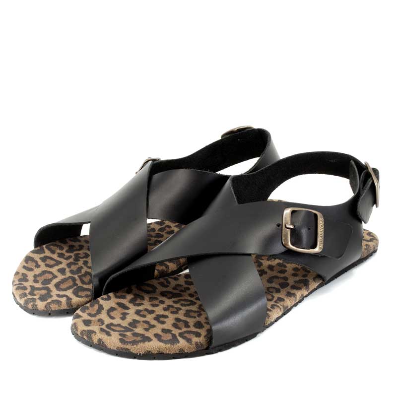Pair of Mukishoes Sandals Ericeira - Black Leo, angled view showing outer side and front.