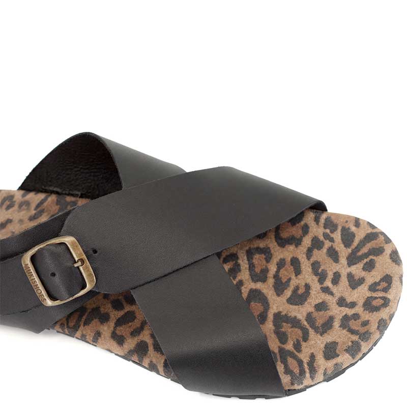 Mukishoes Sandal Ericeira - Black Leo, close up of toe box.