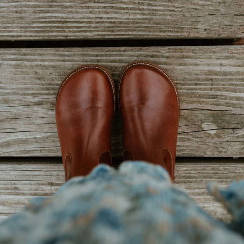Person wearing Anya's Faye Boots - Cognac, top view.