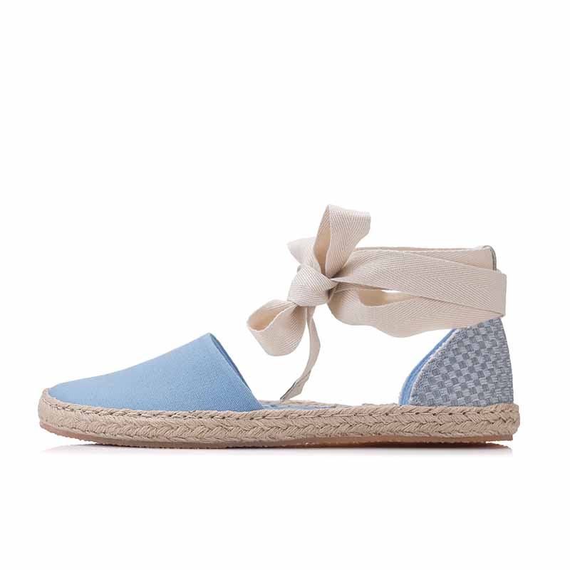 Shapen Women's Festa Espadrille - Blue Vegan, outer side view with ribbon.