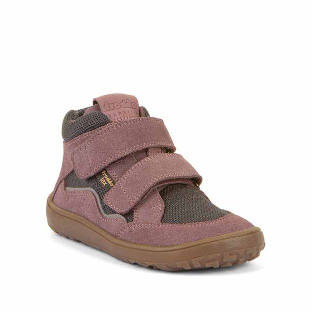 Froddo Kids Barefoot Tex Autumn Waterproof Boot in pink, angled view showing outer side and front.