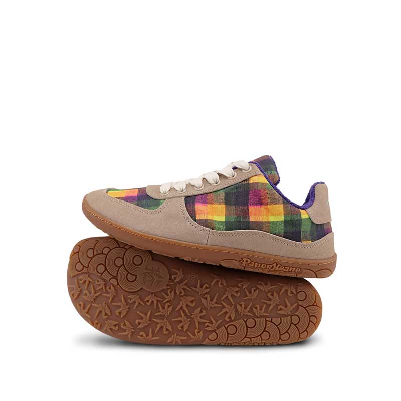 Pair of PaperKrane Adults Shoes - Funky Checks, one showing outer side and the other on it's side showing the sole.