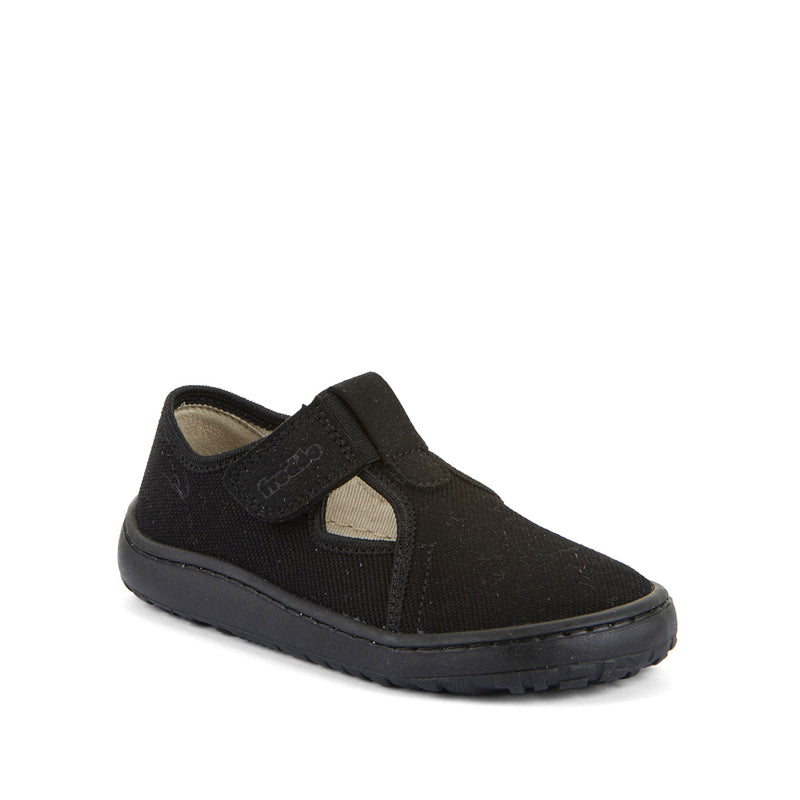 Froddo Barefoot Canvas T-Bar School Shoe - Black, angled view showing outer side and front.