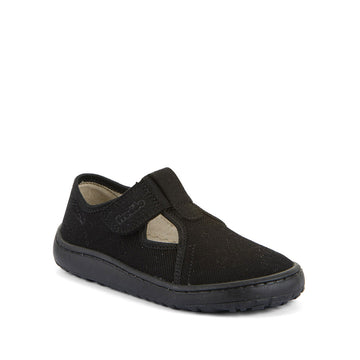 Froddo Barefoot Canvas T-Bar School Shoe - Black, angled view showing outer side and front.