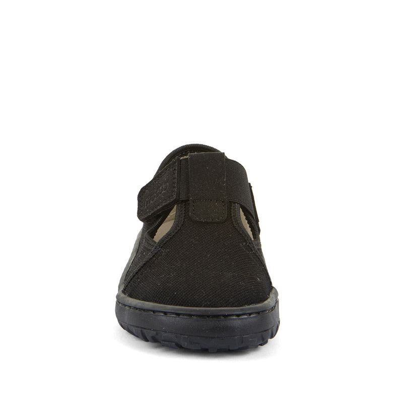 Froddo Barefoot Canvas T-Bar School Shoe - Black, front view.