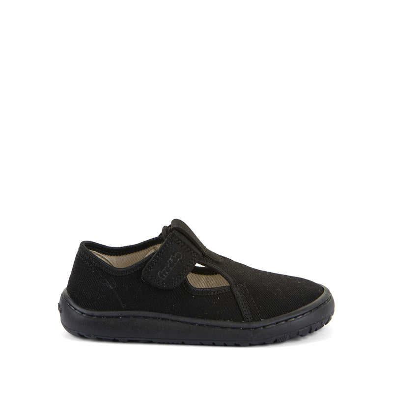 Froddo Barefoot Canvas T-Bar School Shoe - Black, outer side view.