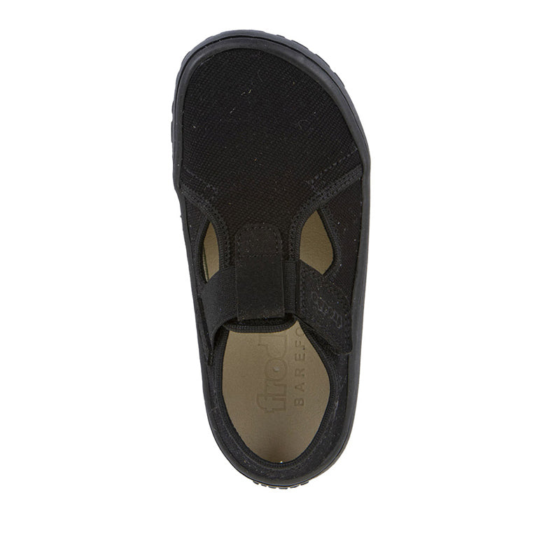 Froddo Barefoot Canvas T-Bar School Shoe - Black, top view.