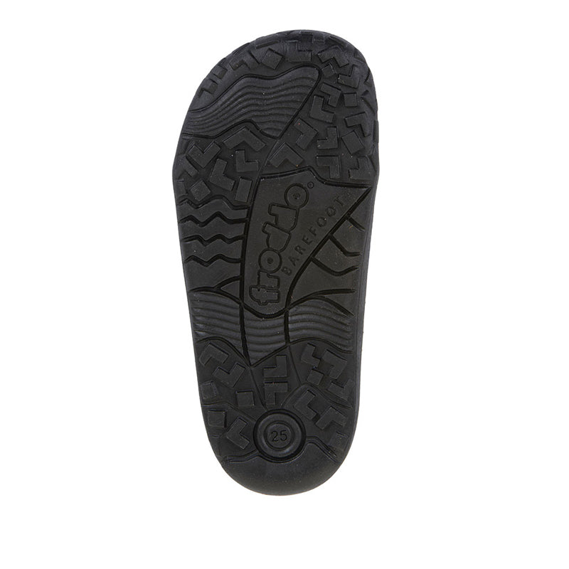 Froddo Barefoot Canvas T-Bar School Shoe - Black, sole view.