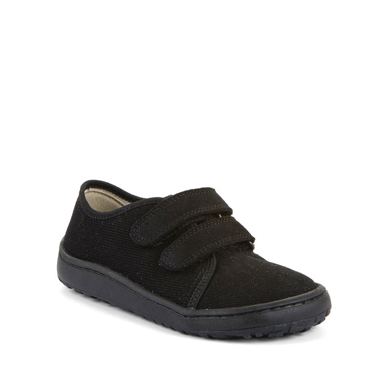 Froddo Barefoot Canvas School Shoe - Black, angled view showing outer side and front.