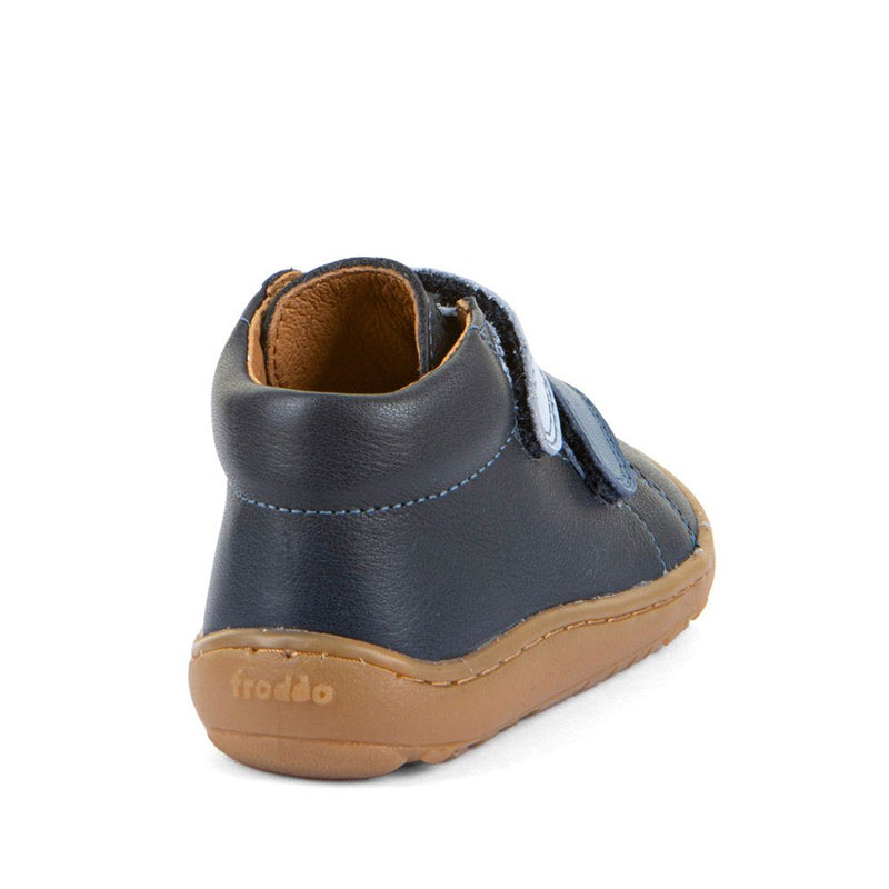 Froddo Kids Barefoot First Step Shoe - Blue, angled view showing outer side and rear.