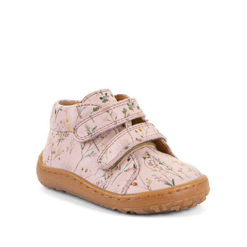 Froddo Kids Barefoot First Step Shoe - Flowers, angled view showing outer side and front.