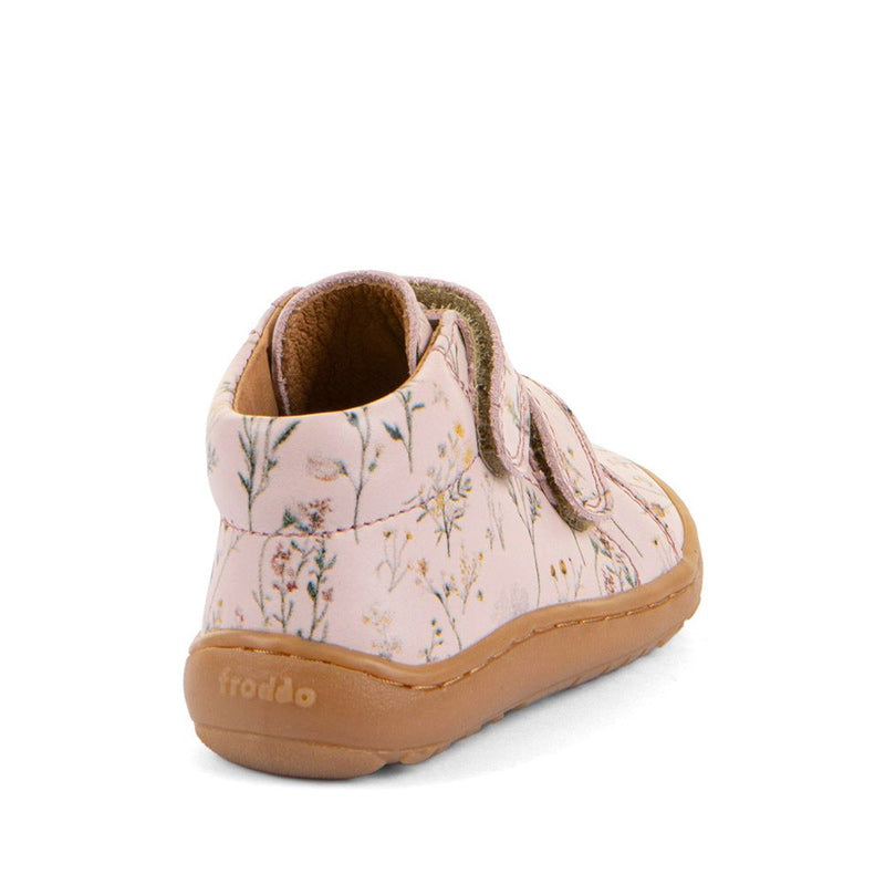 Froddo Kids Barefoot First Step Shoe - Flowers, angled view showing outer side and rear.