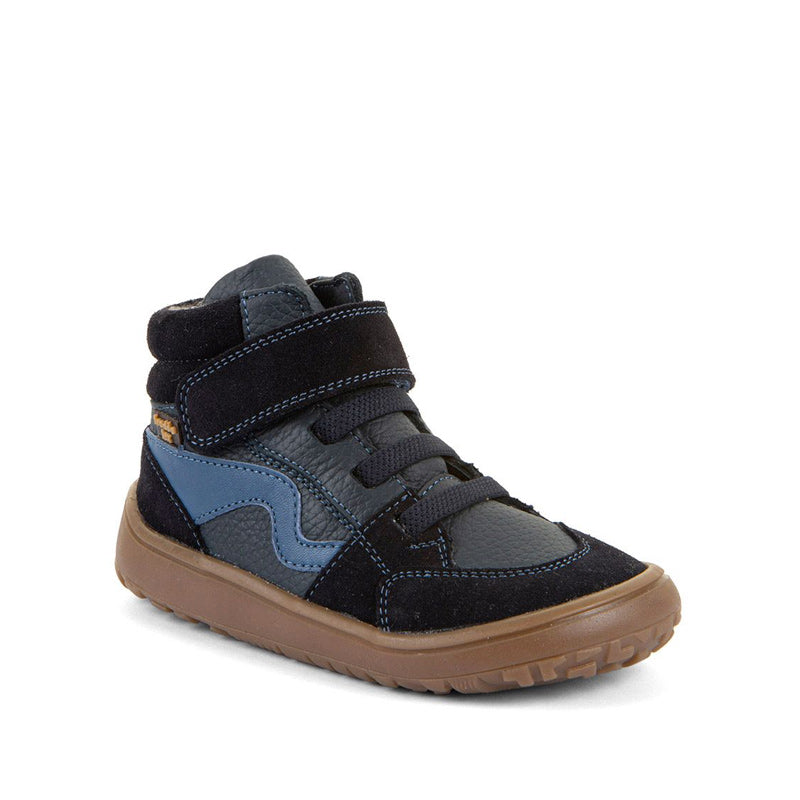 Froddo Kids Barefoot Tex Go Waterproof Boot - Dark Blue, angled view showing outer side and front.