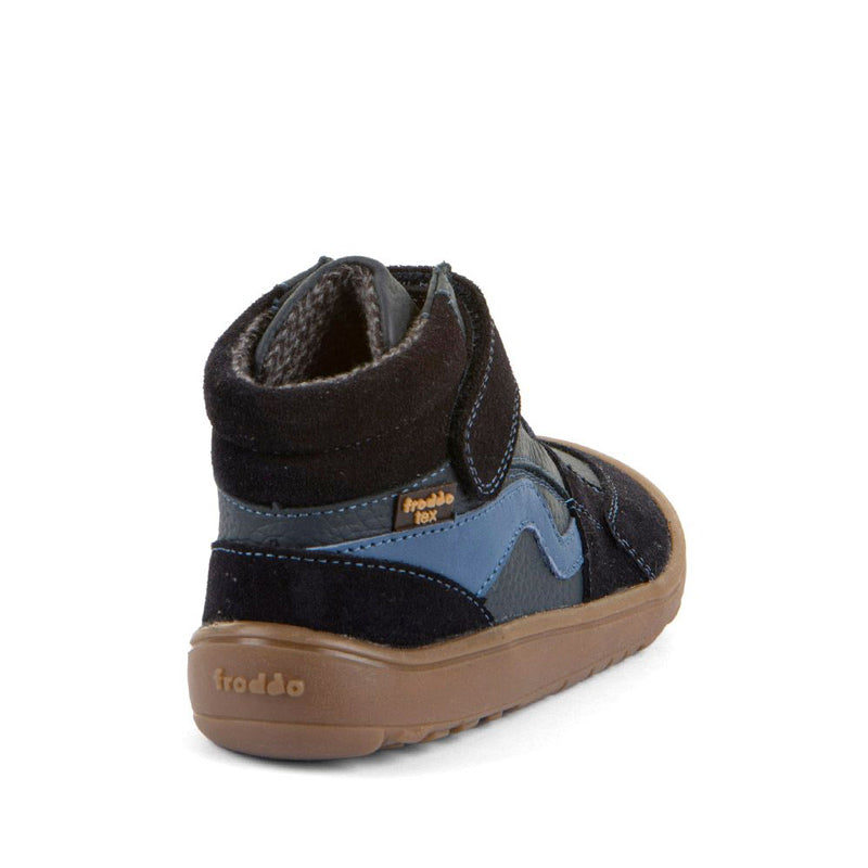 Froddo Kids Barefoot Tex Go Waterproof Boot - Dark Blue, angled view showing outer side and rear.