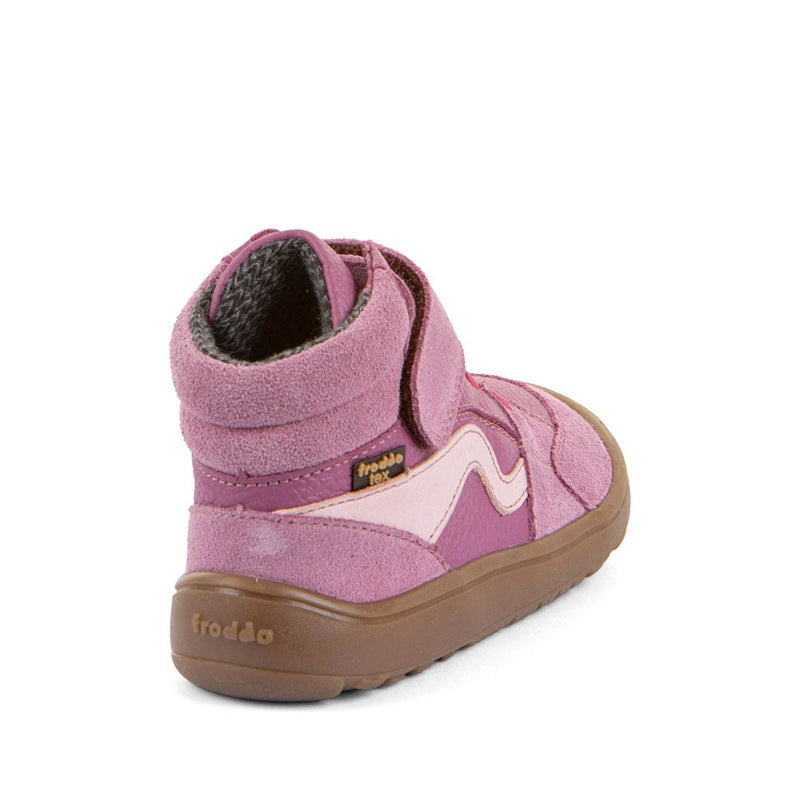 Froddo Kids Barefoot Tex Go Waterproof Boot - Pink, angled view showing outer side and rear.