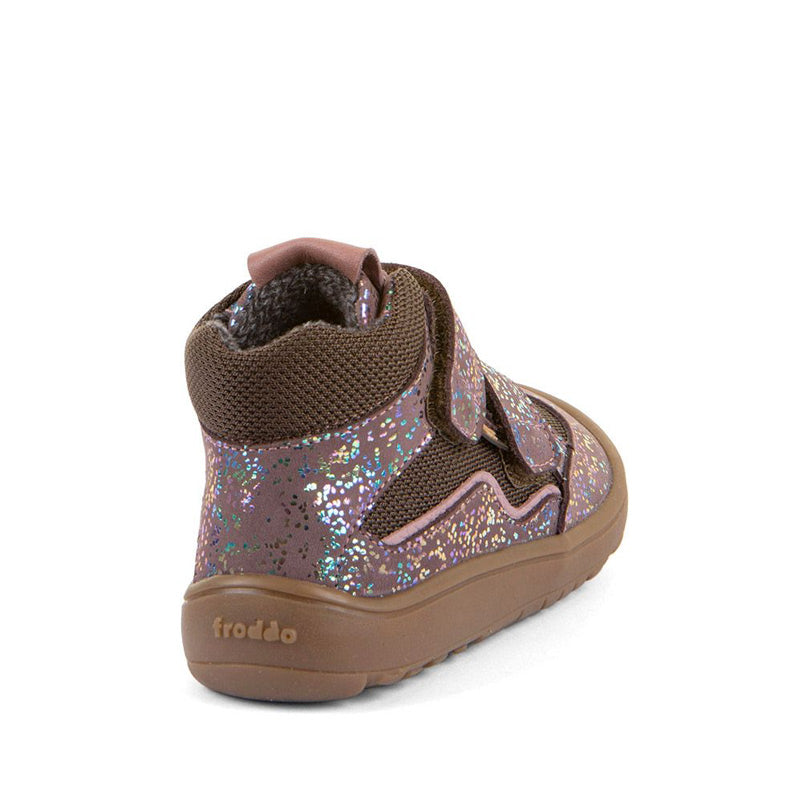 Froddo Kids Barefoot Tex Autumn Waterproof Boot - Pink Shine, angled view showing outer side and rear.
