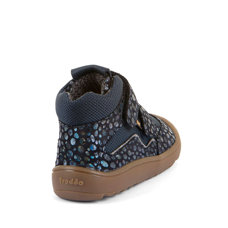 Froddo Kids Barefoot Tex Autumn Waterproof Boot - Blue, angled view showing outer side and rear.
