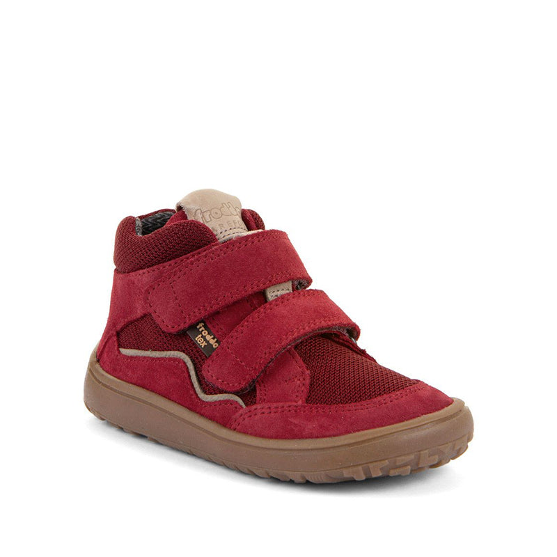 Froddo Kids Barefoot Tex Autumn Waterproof Boot - Red, angled view showing outer side and front.