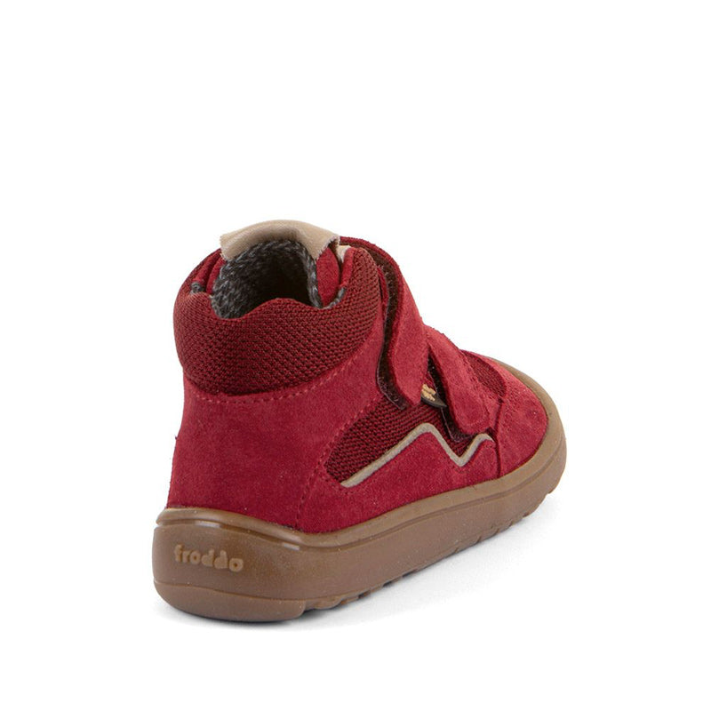 Froddo Kids Barefoot Tex Autumn Waterproof Boot - Red, angled view showing outer side and rear.