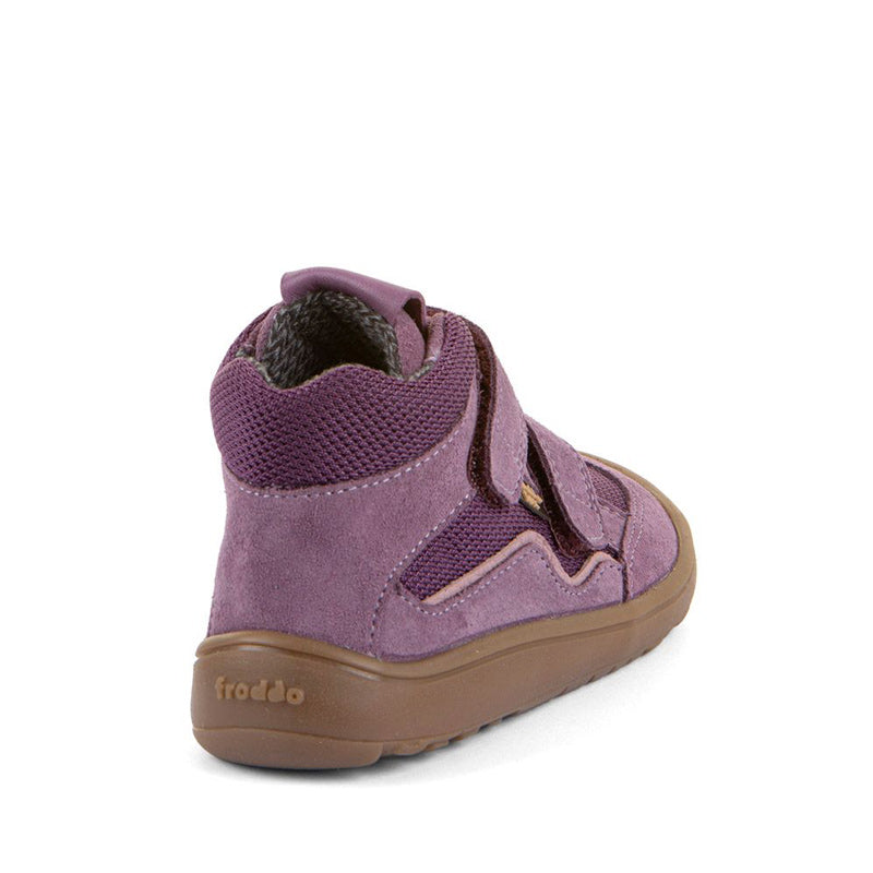 Froddo Kids Barefoot Tex Autumn Waterproof Boot - Grape Wine, angled view showing outer side and rear.