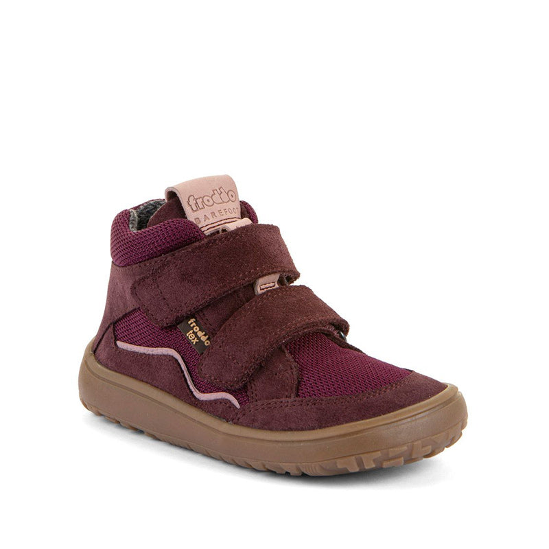 Froddo Kids Barefoot Tex Autumn Waterproof Boot - Bordeaux, angled view showing outer side and front.