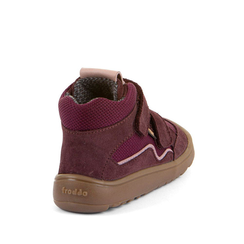 Froddo Kids Barefoot Tex Autumn Waterproof Boot - Bordeaux, angled view showing outer side and rear.
