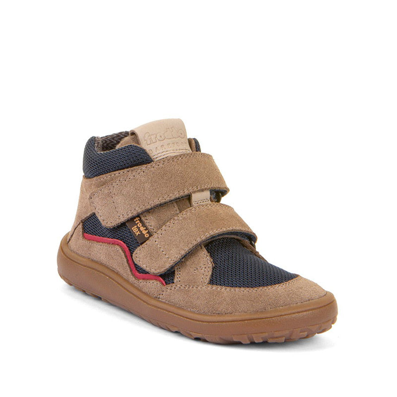 Froddo Kids Barefoot Tex Autumn Waterproof Boot - Beige and Navy, angled view showing outer side and front.