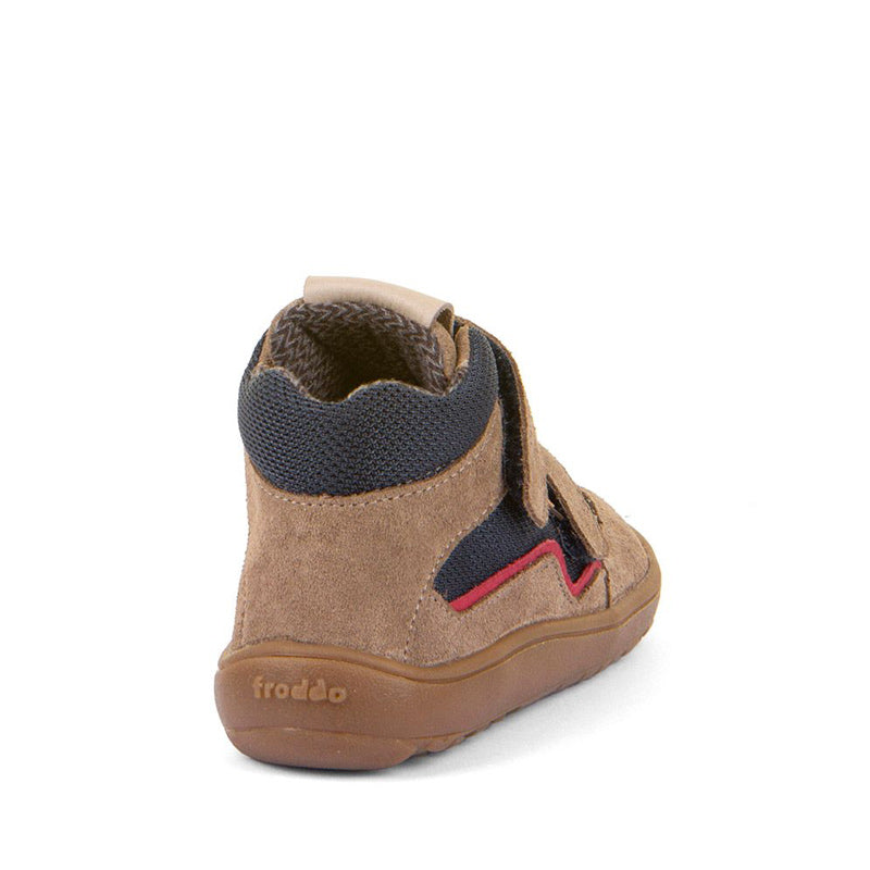 Froddo Kids Barefoot Tex Autumn Waterproof Boot - Beige and Navy, angled view showing outer side and rear.