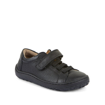 Froddo Kids Elastic Barefoot School Shoe - Black, angled view showing outer side and front.