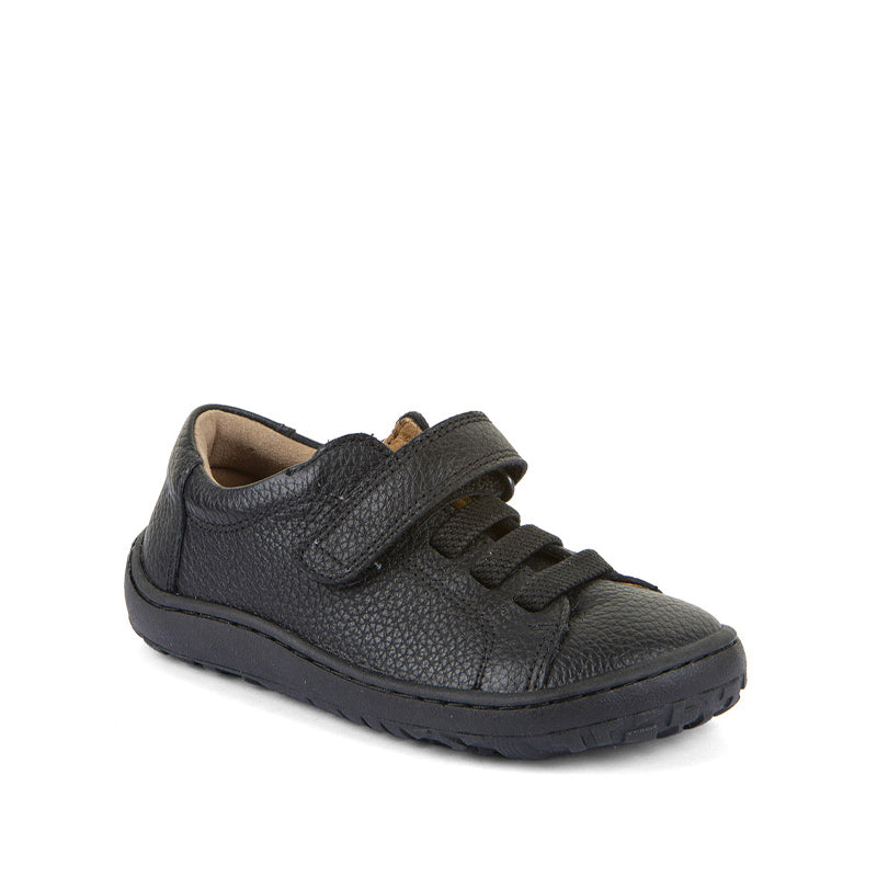 Froddo Kids Elastic Barefoot School Shoe - Black, angled view showing outer side and front.