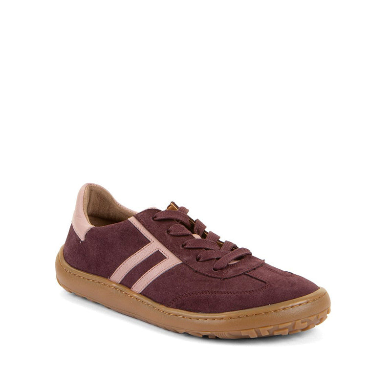 Froddo Barefoot F-Motion Laces Shoe - Bordeaux, angled view showing outer side and front.
