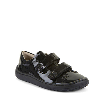 Froddo Kids Alexandra Barefoot School Shoe - Patent Black, angled view showing outer side and front.