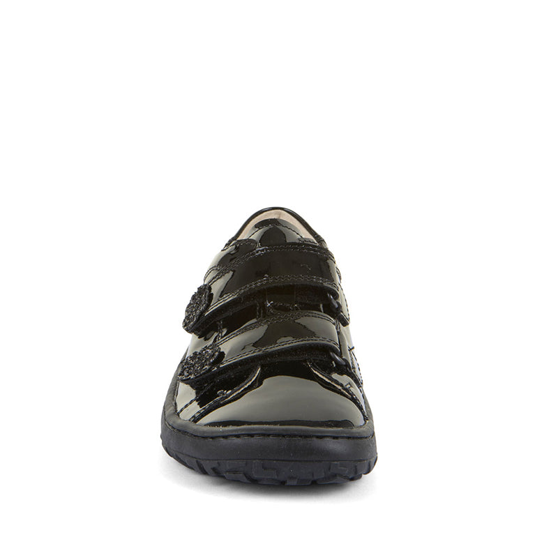 Froddo Kids Alexandra Barefoot School Shoe - Patent Black, front view.
