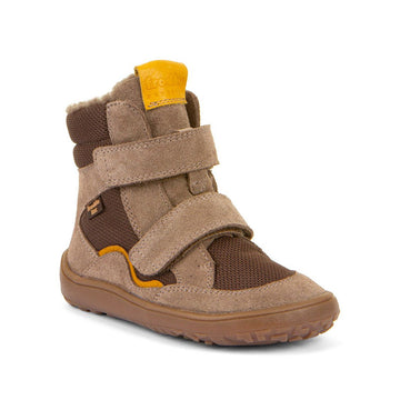 Froddo Kids Barefoot Tex Winter Waterproof Boot - Beige, angled view showing outer side and front.